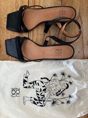 Zou Xou Black Strappy Low Block Heel Sandals with Square Toe